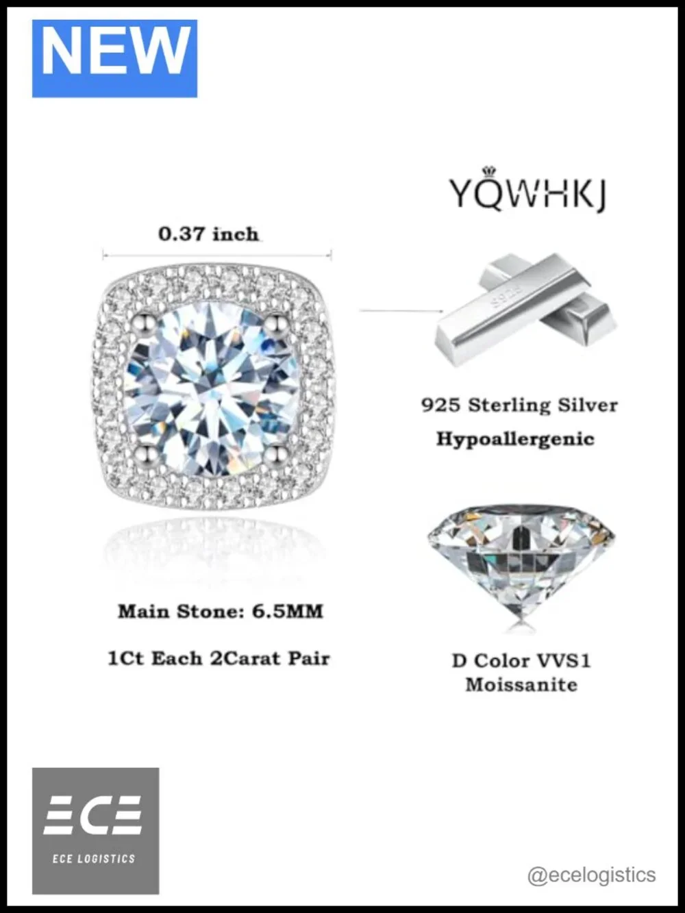 925 Sterling Silver 2CT Moissanite Stud Earrings Hypoallergenic Jewelry Gift